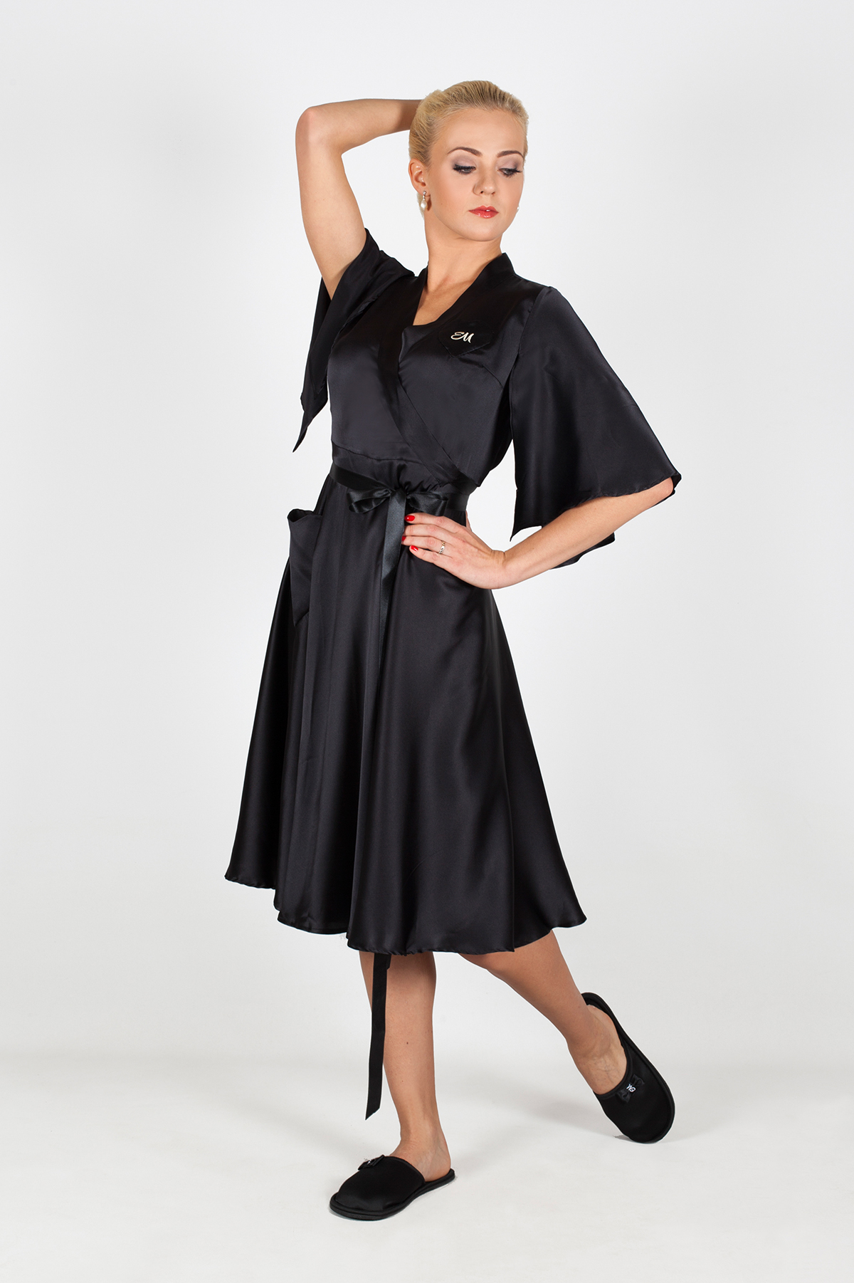 Black Long Silk Dressing Gown, Long Satin Robes | IDENTITY